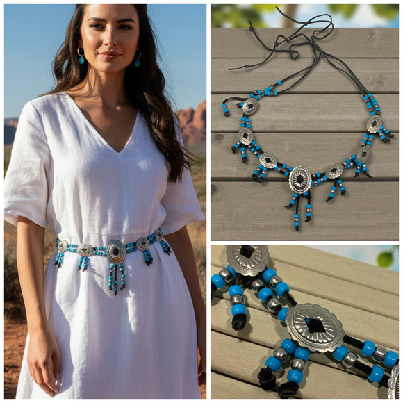 Unbranded Accessories - Vintage Artisan Made Southwestern Concho & Beaded Leather Tie Belt OOAK